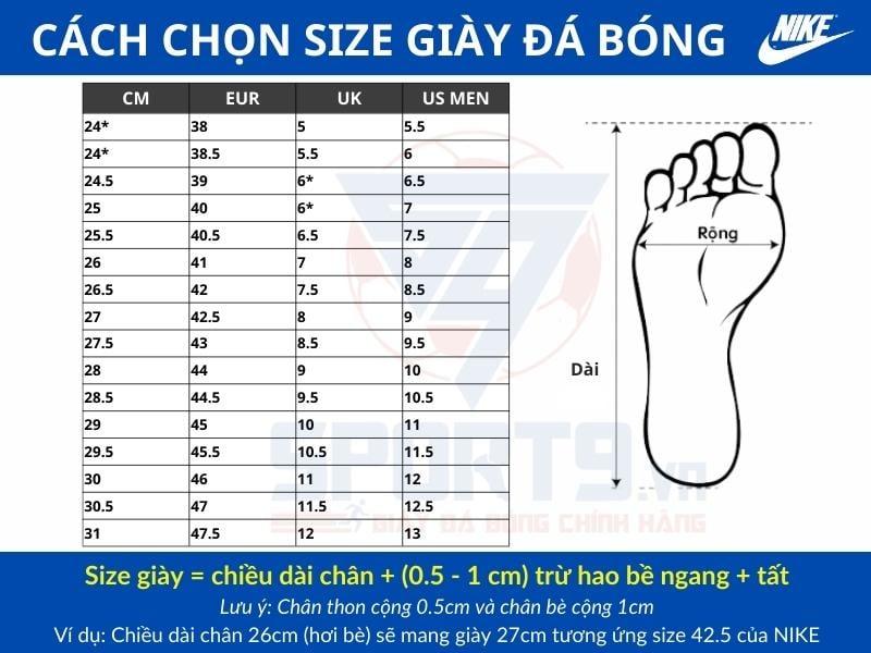 bảng size giày bóng đá nike