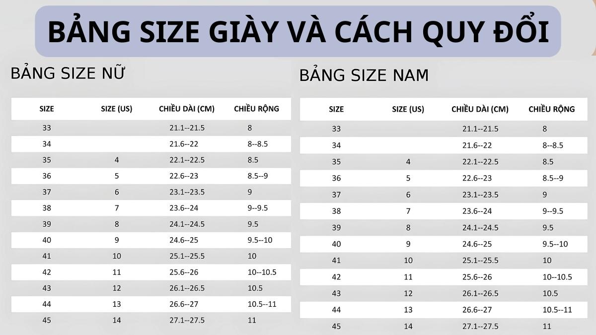 bảng size giày sneaker