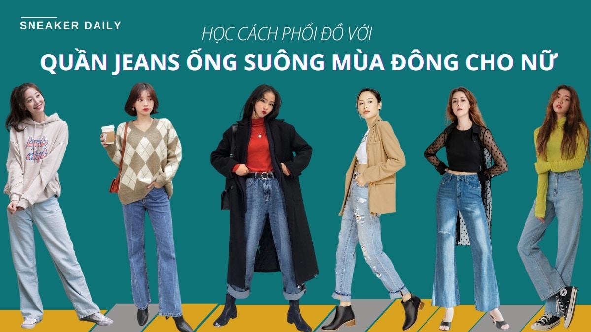 phối đồ với quần jean ống suông mùa đông