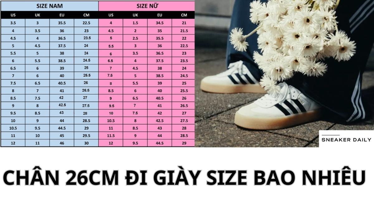 bàn chân dài 26cm đi giày size bao nhiêu